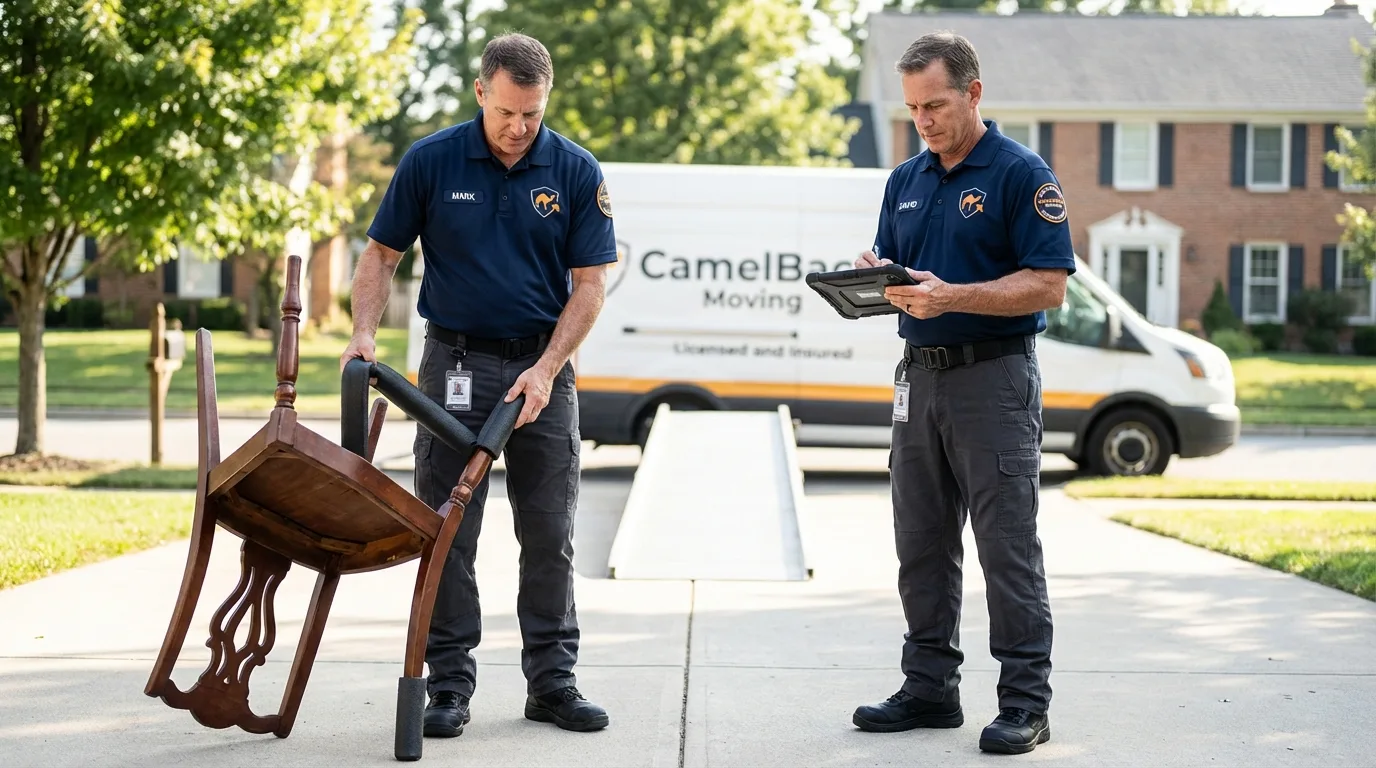 Movers inspecting furniture for damage prevention before loading in Morris, AL