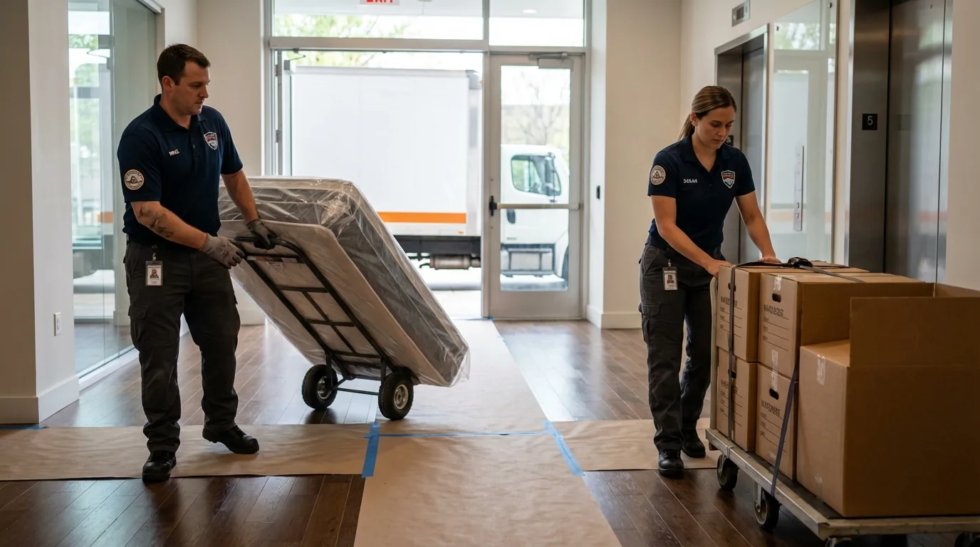 Professional apartment movers loading elevator in Morris, AL