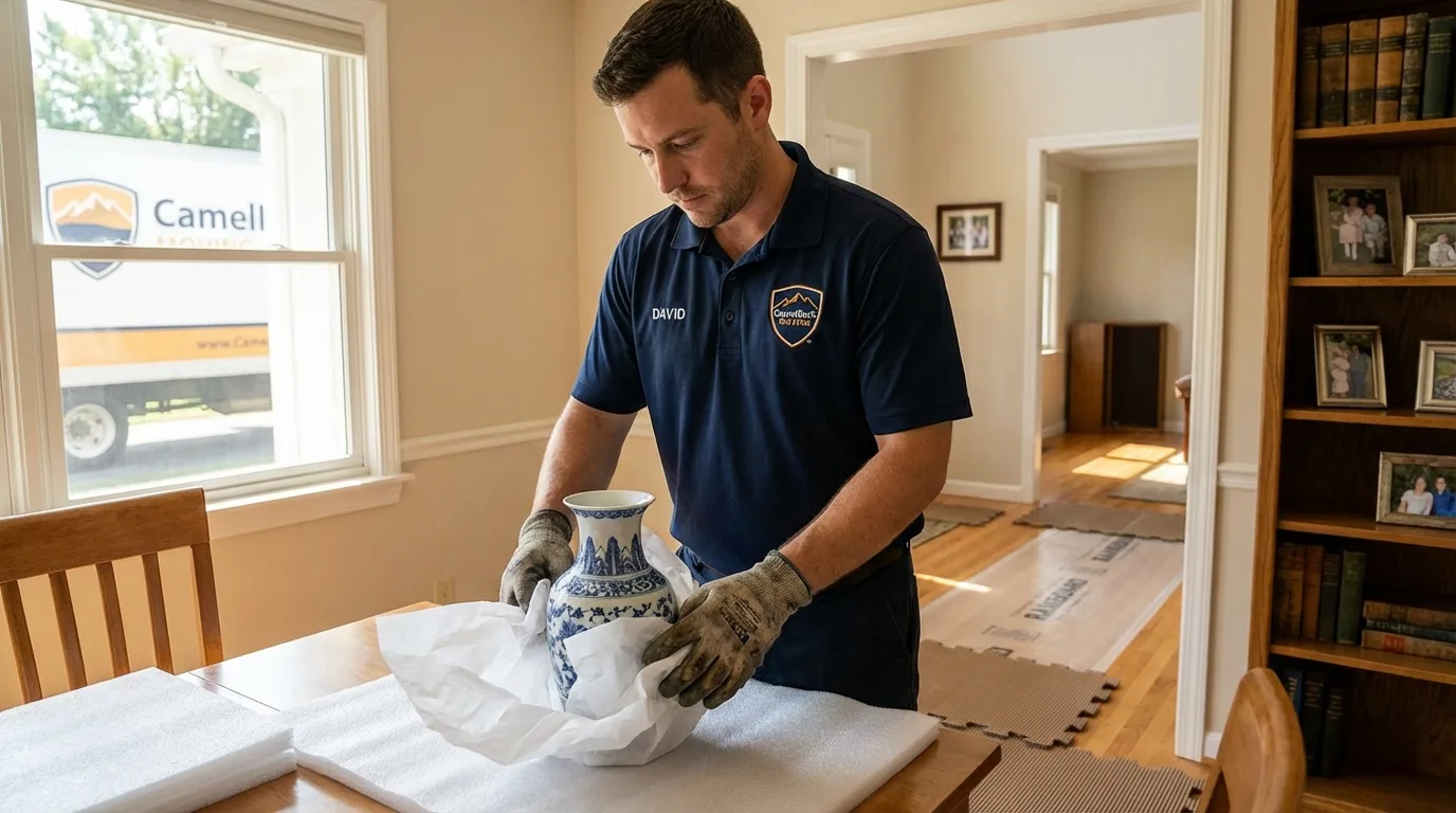 Professional crew carefully wrapping antique vase for senior downsizing move in Morris, AL